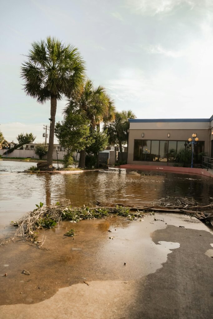 A flooded street in Houston, Texas with palm trees and a building nearby.